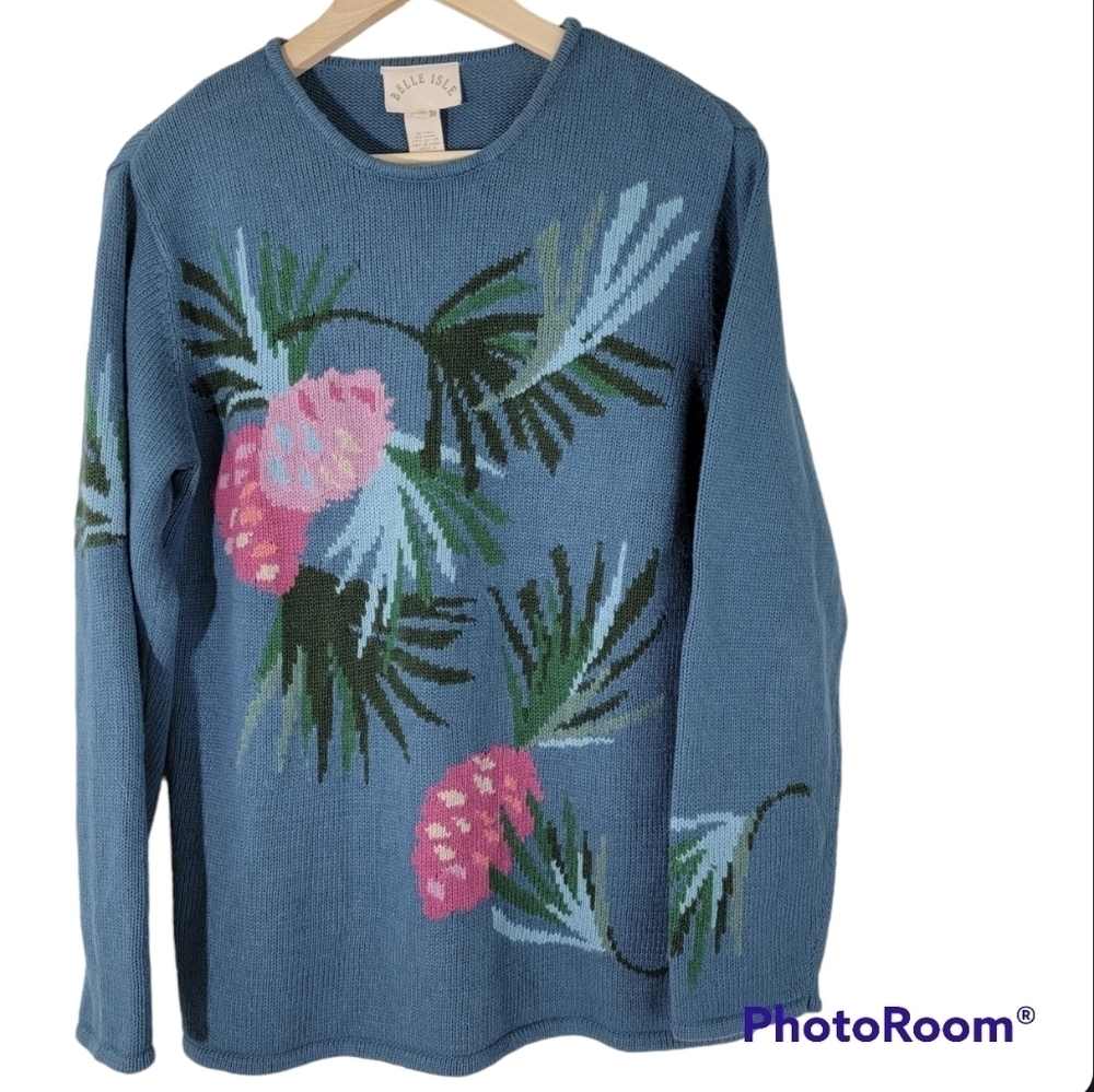 VTG BELLE ISLE Women's Blue/Pink/Green Crewneck Floral Cable Knit Sweater Size M